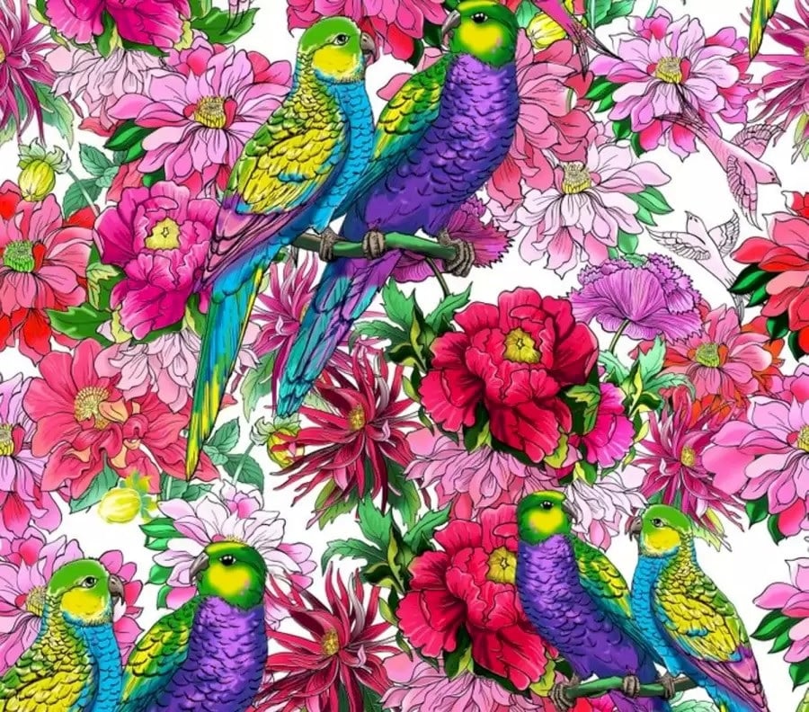 Dėlionė, papūgos, gėlės Dėlionė, papūgos, gėlės